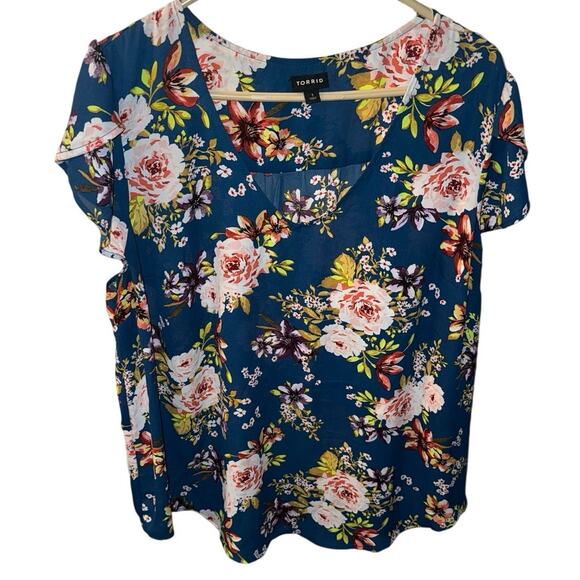 Women’s Torrid Tulip Sleeve Blouse Georgette Floral Navy Size 1 - Picture 3 of 6